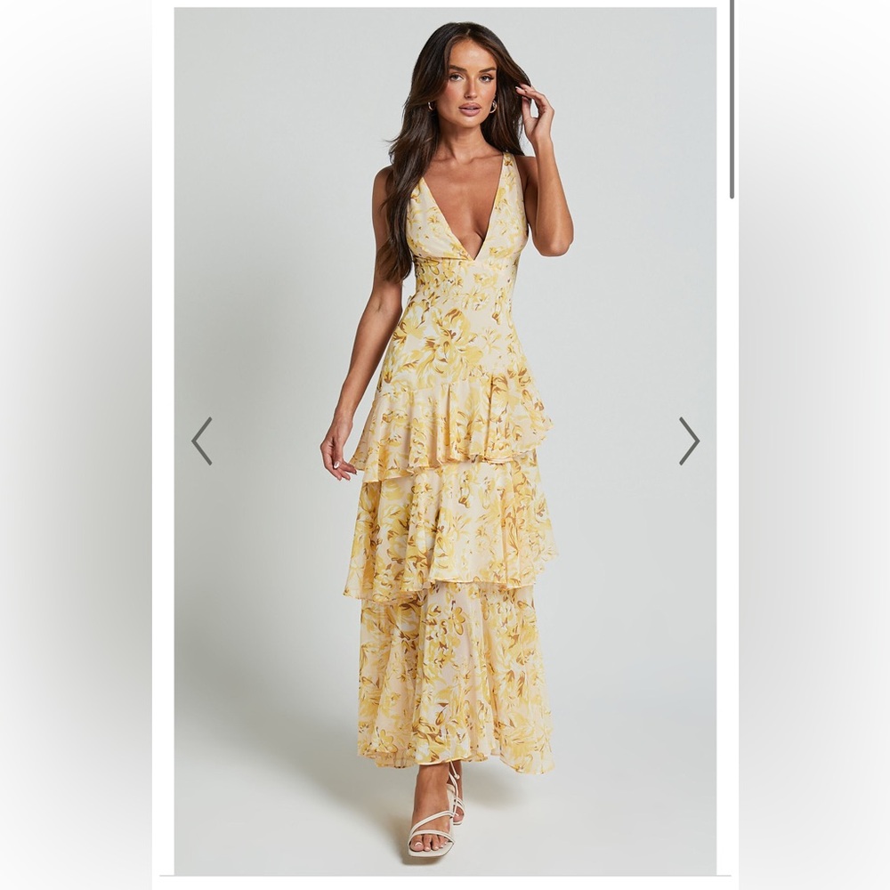 Showpo. BERYL MIDI DRESS - DEEP V NECK SLEEVELESS LAYERED DRESS IN YELLOW FLORAL
